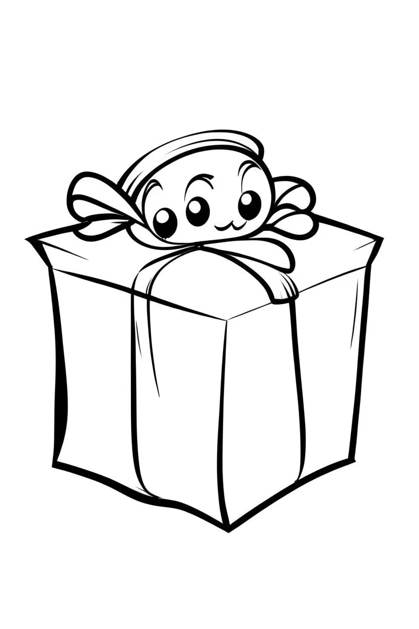 A black and white cute drawing of a Christmas present. Only outline, white background,for kids. The illustration should be in [SUPER SIMPLE], black and white, bold line art with a clear, mostly empty background. [INCLUDES ONLY OUTLINES WITH NO FILLED IN BLACK AREAS], ensuring no shading, no complex images, and making it very easy to color in between the lines". The illustration is for a coloring book for toddlers, aged 2-4, with simple images!