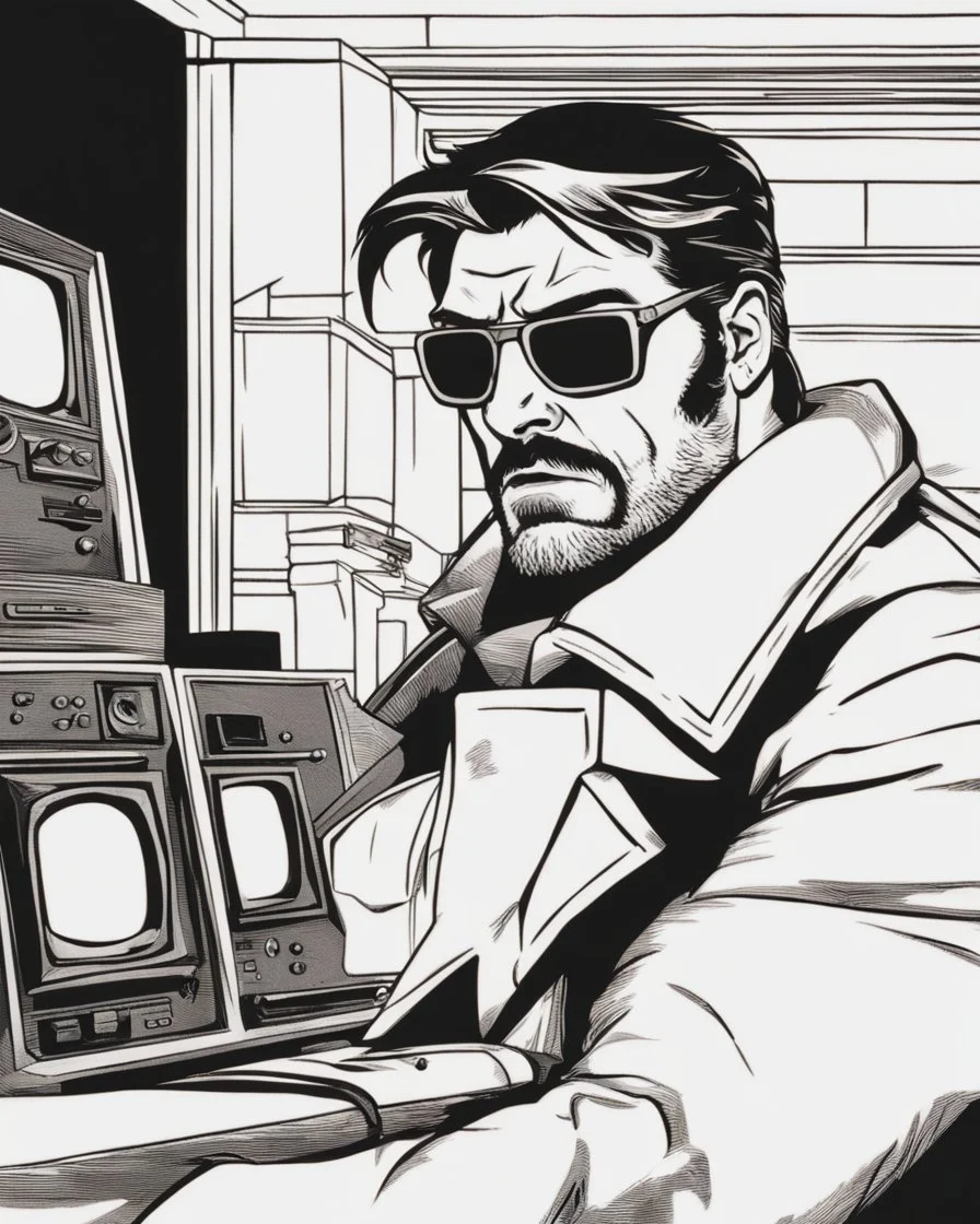 a young man with big muscles who looks like hans gruber wearing a heavy coat and red sunglasses staring with an irritated look on his face destroying a television