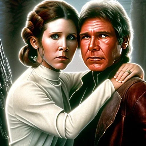 carrie fisher embracing harrison ford, waist up portrait, photorealistic faces, intricate, oil on canvas, masterpiece, expert, insanely detailed, 4k resolution, cinematic smooth, intricate detail , soft smooth lighting, soft pastel colors,