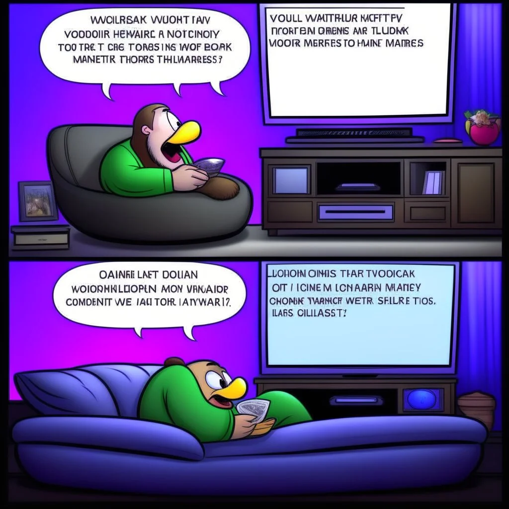 comicbook, 2 panels, in the left panel, a fat, bearded man watches the tv, in the right panel, the tv watches the man