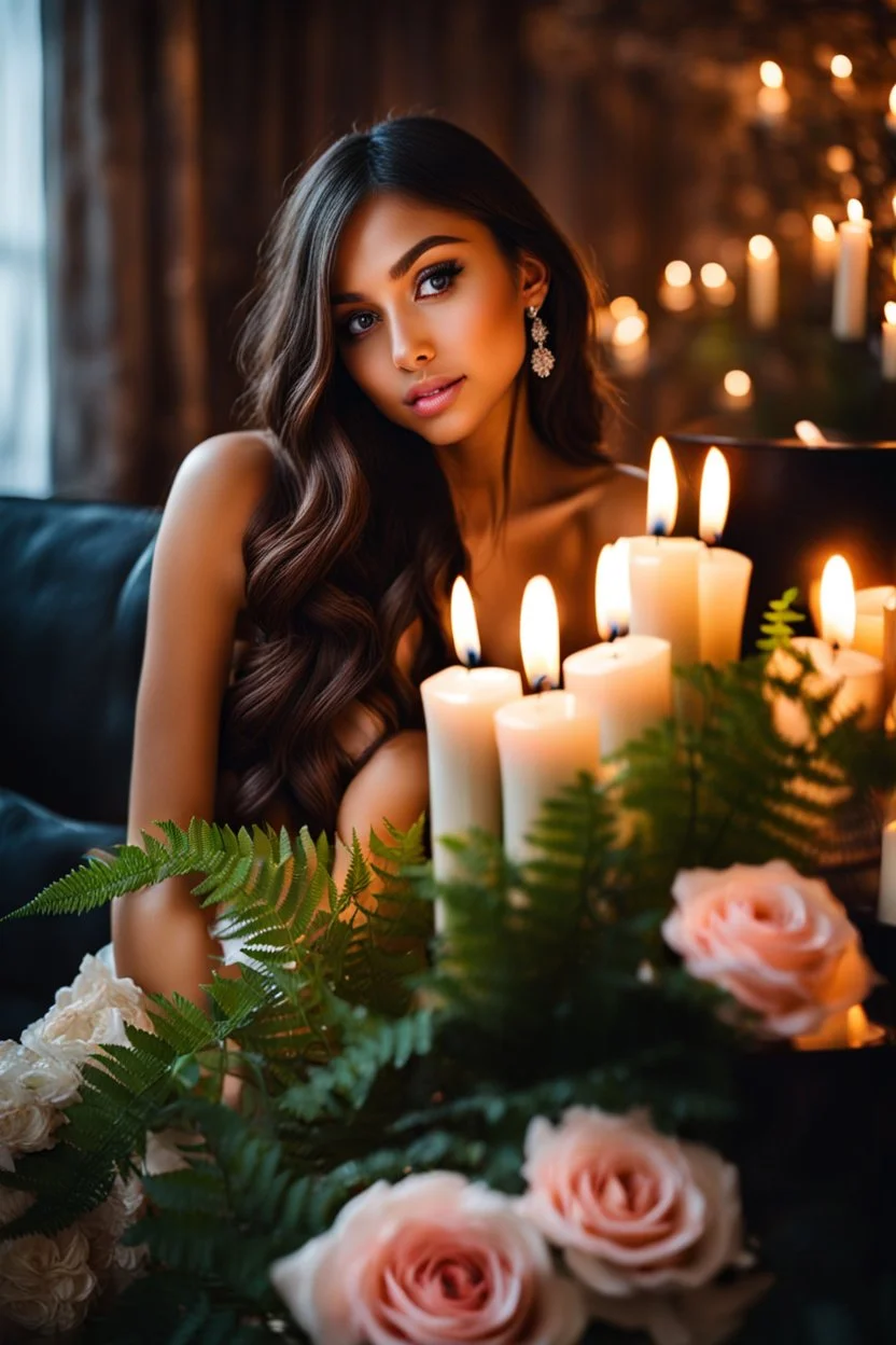 a young nice skin girl sitting on a couch holding a bunch of flowers, hair , sitting on the edge of a bed, roses and lush fern flowers, with big eyes, in a room full of candles, a microscopic photo, cute photograph, from left