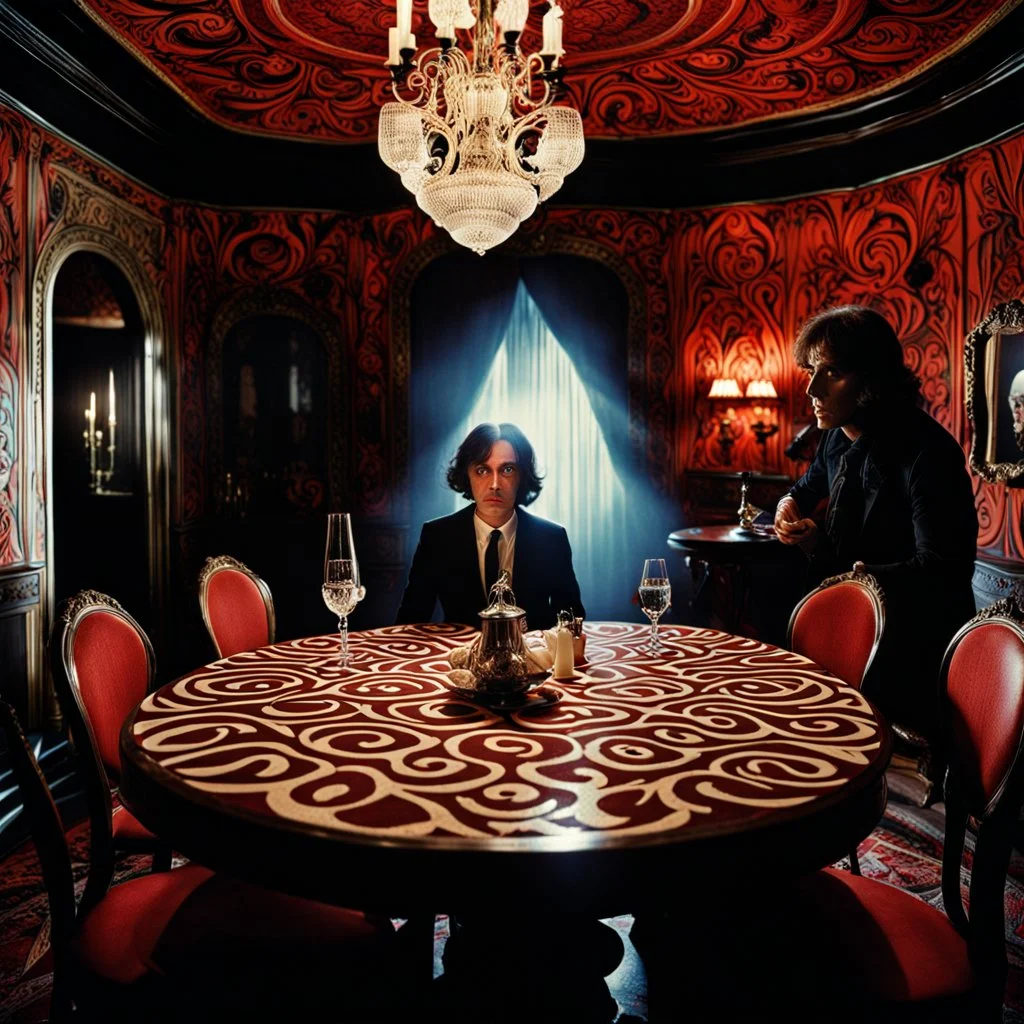 Strong texture, photorealism. Intricate patterns, dine, people, table excitement, hypermaximalist, eerily mysterious, volumetric light, Italian horror, Dario Argento. Movie shot, spooky horror. 1970's Italian movie. 33mm photography.