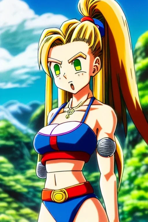 In the style of Toriyama, hyper detailed, strikingly beautiful teen female, 16 years old, long ponytail, ginger hair, green eyes, medium freckles, full lips, full body, full face, tiny breasts, athletic, centred camera, ignore NSFW, bikini, Videl, athletic