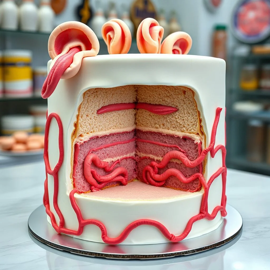 surreal and unsettling photograph of a cake designed to resemble anatomical features, including realistic human tongues and ears sculpted in fondant. The cake is cut to reveal its interior layers of soft, sponge-like texture. design is highly detailed and hyper-realistic, with a stark contrast between the pale white outer fondant and the vivid pink and beige tones of the intestinally sculpted interior. Background a cake shop