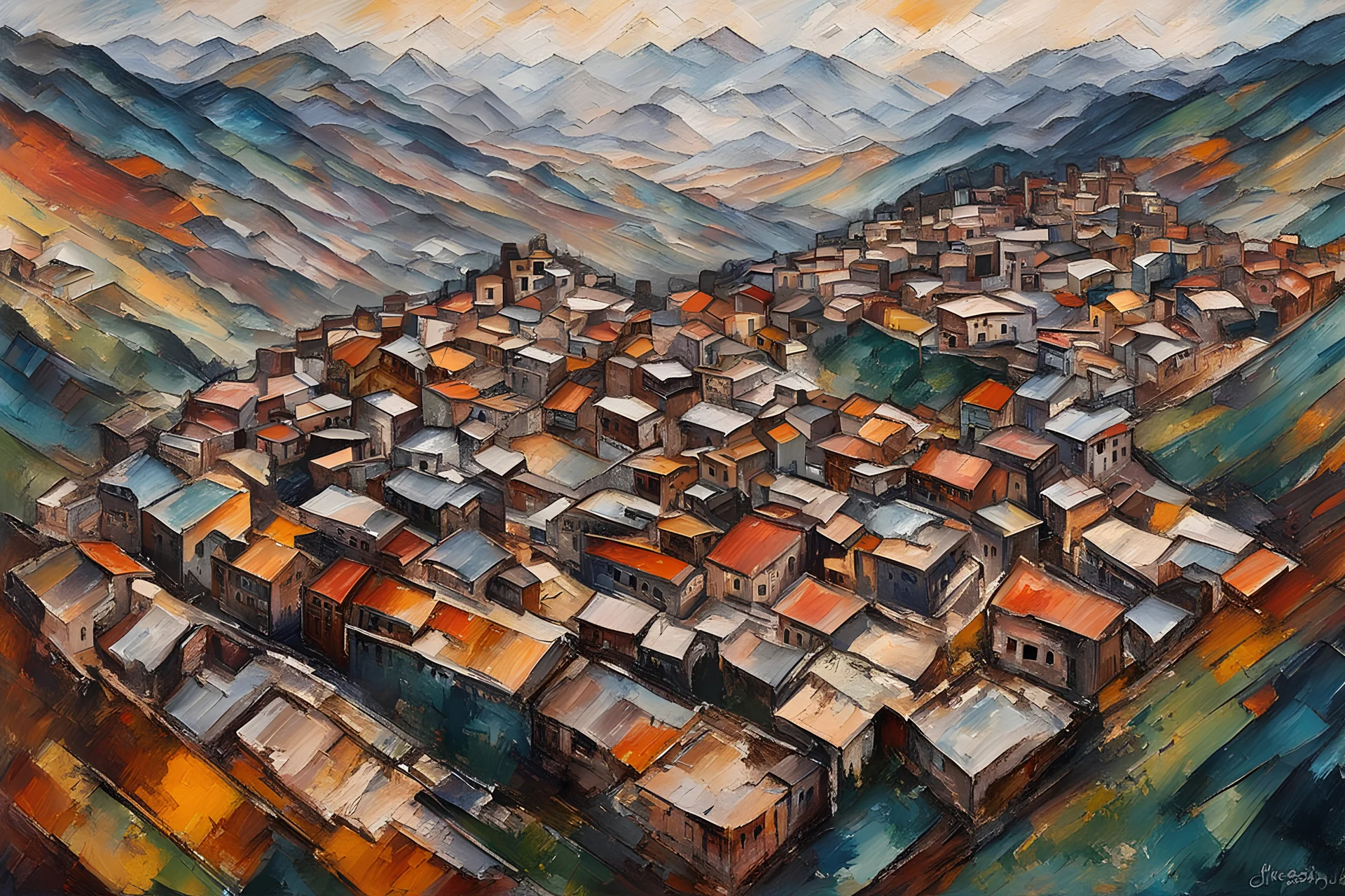 Aerial view palette knife painting of a lost Himalayan city , in the Expressionist style of Egon Schiele, Oskar Kokoschka, and Franz Marc, highly detailed in muted natural colors with fine detail outlining and shading