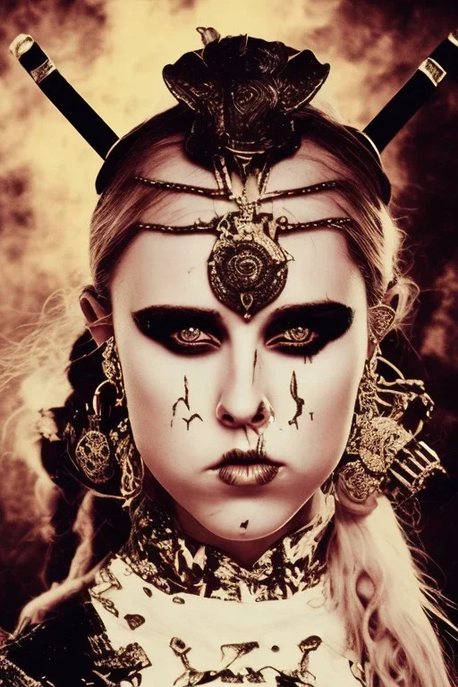 Danish singer MØ face, darkness style witch sad end hell sureal blood horn samurai blade