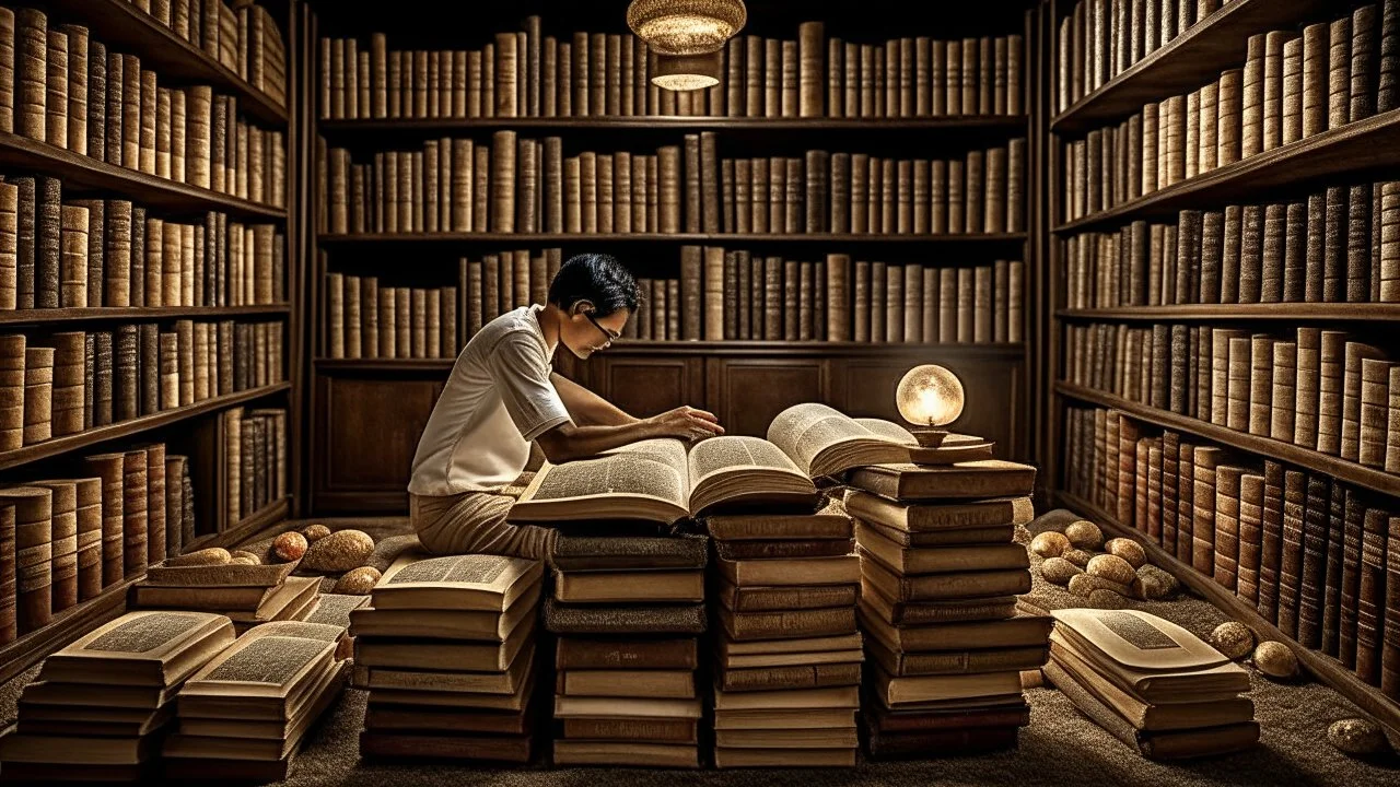 The image captures a moment of deep immersion in the world of books and personal development. It offers a unique glimpse as the person sits surrounded by books, engrossed in reading content that contributes to self-improvement and acquiring new knowledge. The proper lighting and intricate details enhance a positive and motivating atmosphere for learning and growth. The image portrays a scene where the individual is actively engaging in self-development through reading, highlighting the impact of
