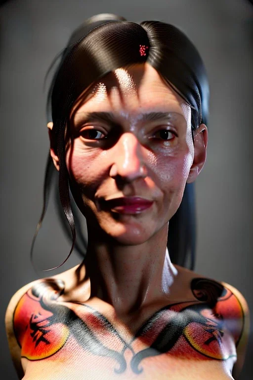 Ultra Realistic image, 38 years old Spanish woman, portrait, small complexion, natural small busty, traditional Japanese body tattoo, jakuza style, vibrant color, highly detailed, art stations, concept art, smooth, unreal engine 5, god rays, ray tracing, RTX, lumen lighting, ultra detail, volumetric lighting.