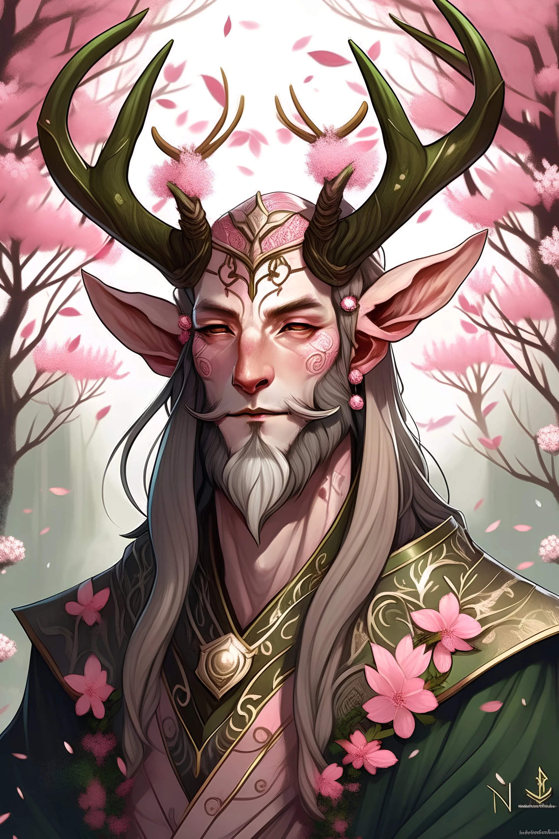 Pink hair spring cherry blossom Eladrin Male antlers druid beard