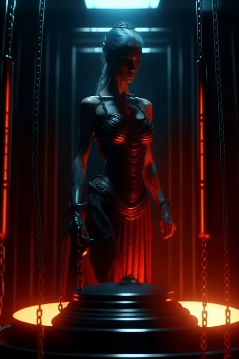 4K. REALISTIC FULL DETAILS. FULL LIGHTS. PORTRAIT OF THEMIS SYMBOL OF JUSTICE BLEEDING WITH SCALES AND A SWORD GODNESS CYBERPUNK IN A JAIL FIRESTARTER