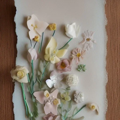 delicate arrangement of pressed flowers on soft layers of tulle, beautiful composition, aesthetic layout