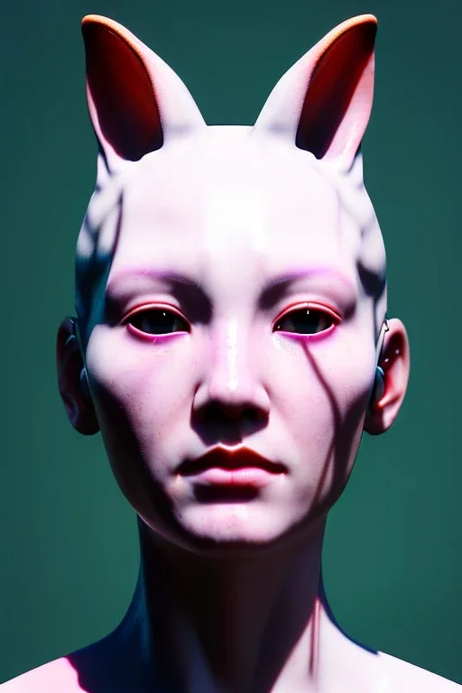 Medium Close Up Portrait, Front image. cyberpunk, rabbit mask, asian woman, short hair. Latex suit. white, pink, color. Cables style. Color background, photo studio. Avatar image, highly detailed, concept art, smooth, unreal engine 5, ray tracing, RTX, lumen lighting, ultra detail, volumetric lighting, 3d, finely drawn, high definition, high resolution.