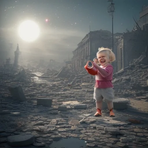 A teapot is shining and a laughing child is looking at it. The child’s image is reflected inside the teapot and behind the child is the reflection of a destroyed city.