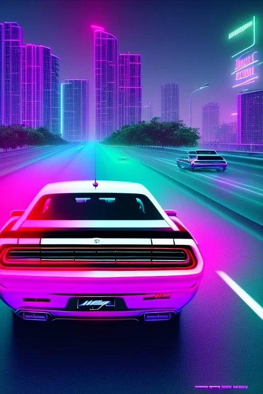 heckansicht dodge challenger fährt auf einem highway richtung horizont,miami vice, miami, neon ligths,chrome, synthwave, retro, high detailed,unreal engine, octane render, photo realistic,