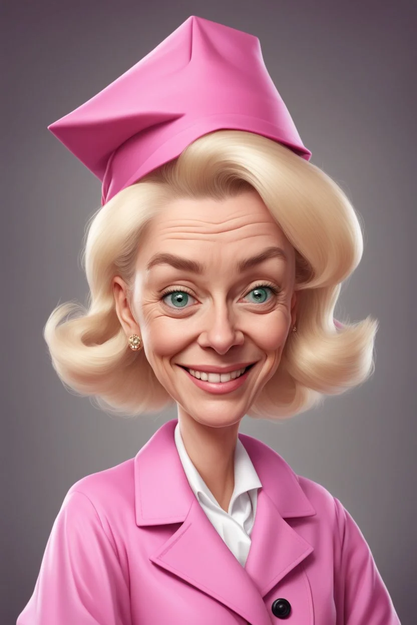 Een dom blondje die haar dokterdiploma heeft gekregen dankzij CHATGPT. superdom, karikatuur, draagt diplomahoedje. Haar outfit is roos, je ziet enkel gezicht, superkarikatuuraal en dom, ROOS, de hoed is vierkant en roze, superdomme uitstraling, meer karikaturaal gezicht? Echt afstudeer zoals amerikaanse scholenhoed