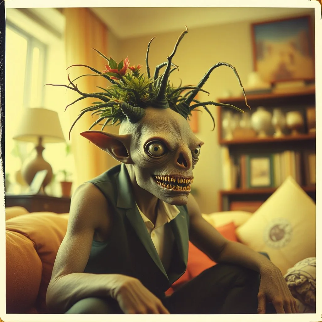 Close-up polaroid of ultra realistic odd monster, part man, part plant, and part animal in a living-room, vivid, ultra realistic, Egon Schiele, hypermaximalist figures, light, Italian 1970's odd movie, hilarious, fine art, Minicavio Quollati style, photography by Marlost Endgulp, dark atmosphere, obsessive, 4k, sharp focus, 3d, photorealism