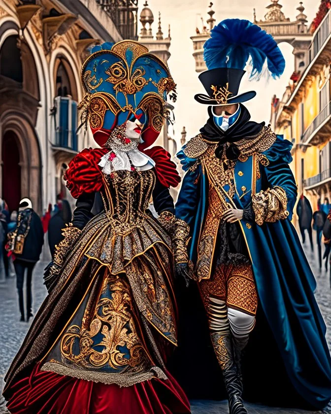 Pareja hombre y mujer con disfraz en el carnaval de Venezia caminando por Venezia mascara vestido has el suelo pantalones obra de arte pintura arte Bauhaus obra de arte hiperdetallada intricadas finamente detallada 8k