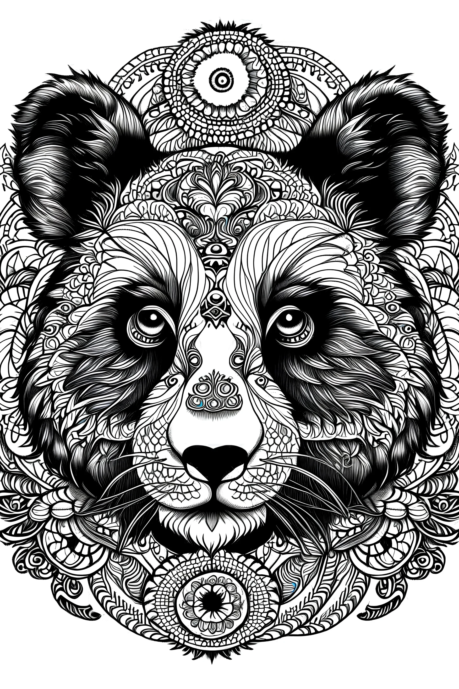 mandala panda: black and white with white background.