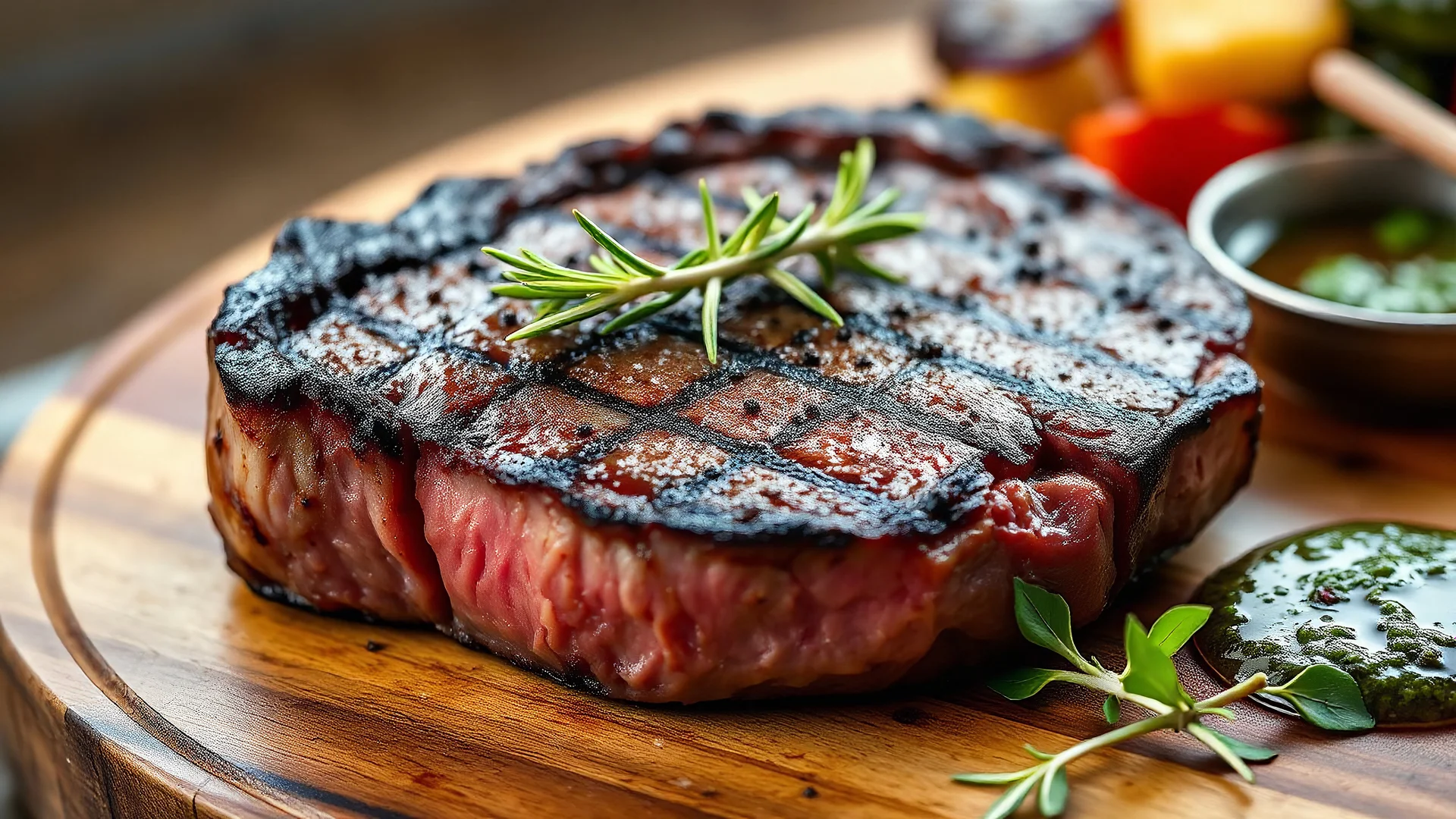 editorial photo, "A close-up of a perfectly grilled ribeye steak, with a charred crust and juicy pink center, resting on a rustic wooden board. Garnished with rosemary sprigs, cracked black pepper, and sea salt, with a side of roasted vegetables and a small dish of chimichurri sauce.' professional photo, bright natural light.