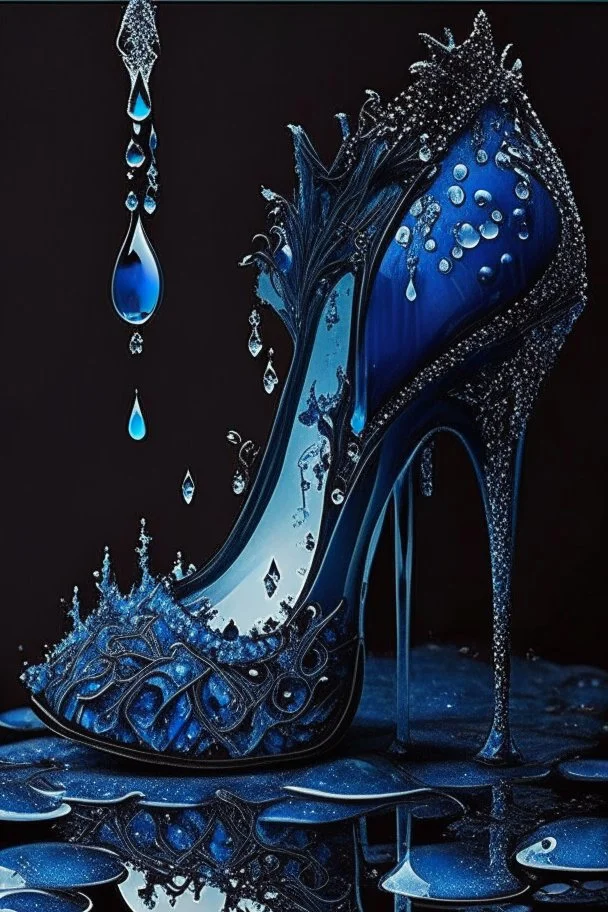 dark fantasy, intricate cover, a whimsical fairytale, high-heeled shoe made of blue glass with drops of blood underneath