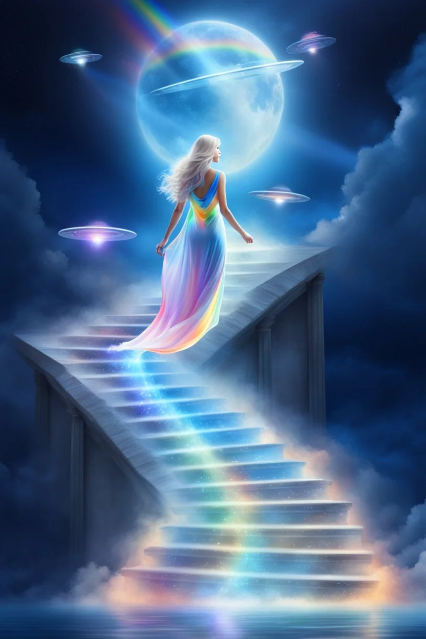 fantastic,Beautiful woman, stairway to heaven whit rainbow, ufos arc en ciel futuriste très beau