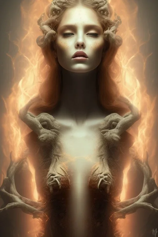 portrait photography of an ethereal beautiful animal goddess, Fire theme art, Dark moody night atmosphere, Portrait of a woman by Michelangelo, 8K, close-up face, anatomically perfect face, oak tree roots, ignore NSFW