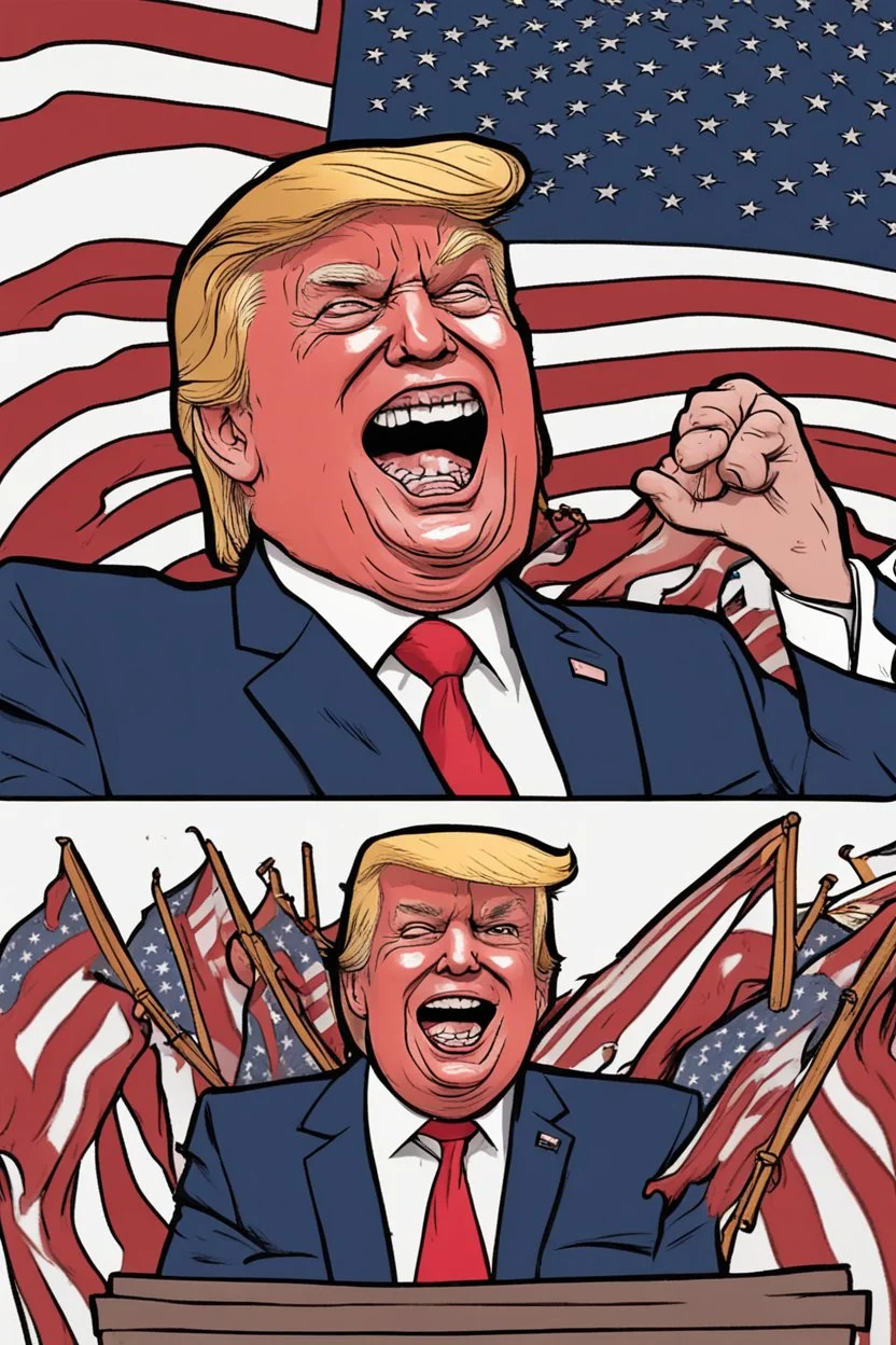 donald trump burns the american flag while maniacally laughing