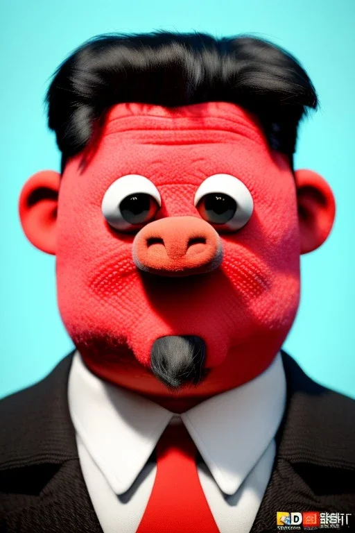 Waist up muppet Portrait, Kim Jong-un muppet doll, black suit, photo studio, red background, unreal engine 5, concept art, art station, god lights, ray tracing, RTX, lumen lighting, ultra detail, volumetric lighting, 3d.