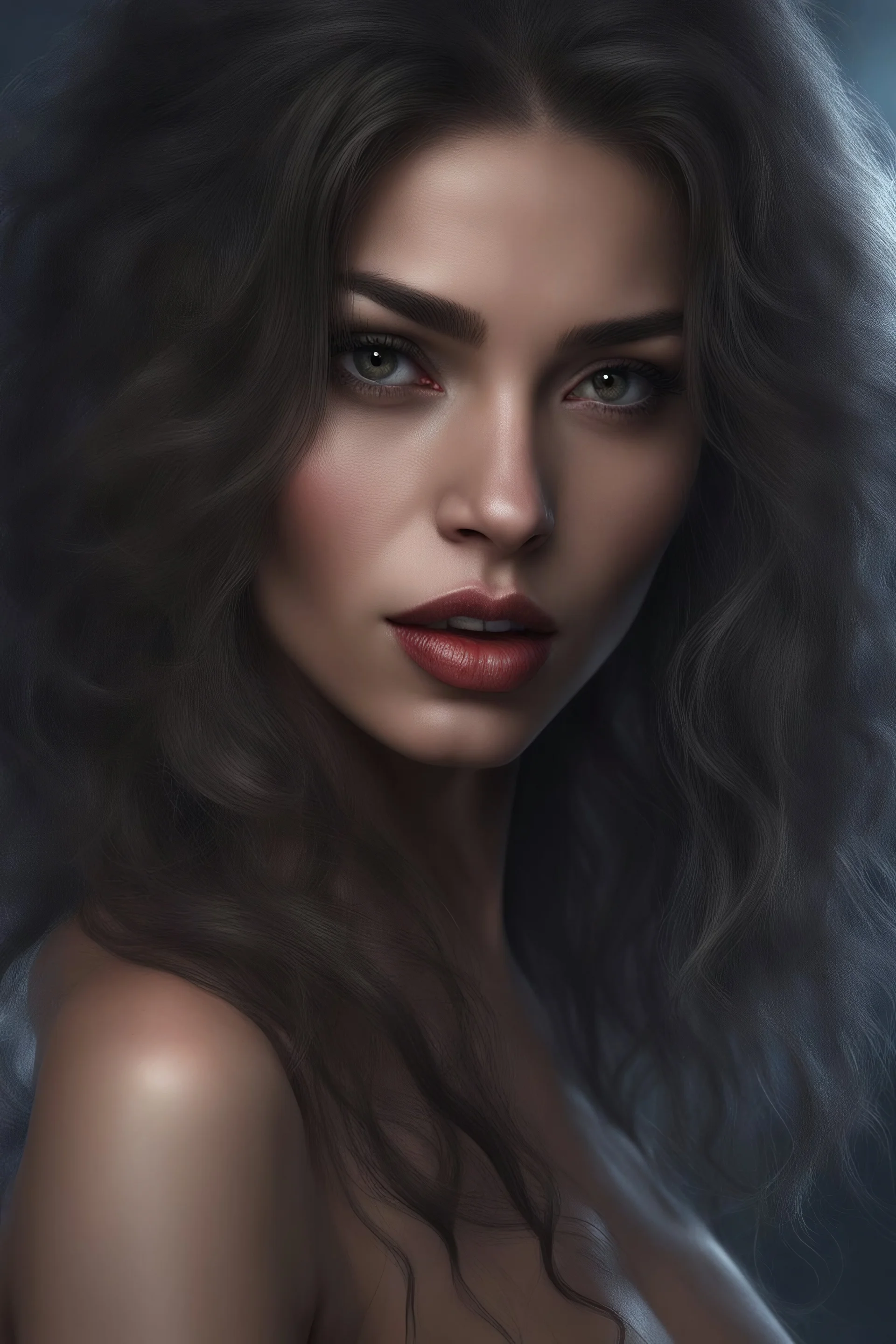 Nosferatits - head and shoulders portrait, Photorealistic, hyperrealism, Dazzling, Complex, dramatic, bold, attractive werewolf babe, perfect, Athletic, toned body with tanned skin, perfectly formed body, Dracula City, extremely detailed, lipstick, eyeshadow, eyeliner, mascara, rouge, photorealistic, 4k UHD Photograph,