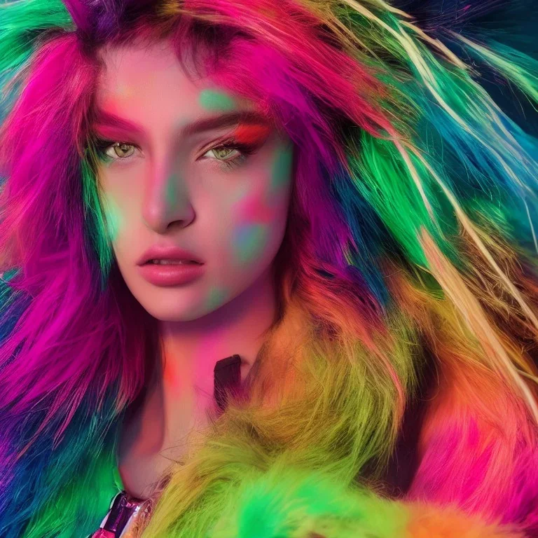 stylish coat for a rave, bright colors, many details, prints, photo for a magazine, photo for a store, fashion photography, Vogue, 135 mm, cinematic, hyper realism, high detail, octane render, 8k, chrome accents, very coherent symmetrical artwork, perfect face model, full length photo, Upper and lower body, even skin tone,Soft shadows on the face