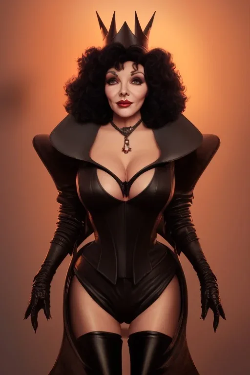 Joan Collins as evil queen in black leather, leather, busty, cleavage, angry, stern look. character design by cory loftis, fenghua zhong, ryohei hase, ismail inceoglu and ruan jia. unreal engine 5, artistic lighting, highly detailed, photorealistic, fantasy