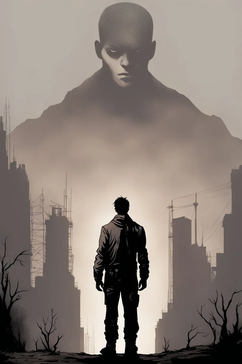 girl, standing, silhouette, comic book,post-apocalypse, gray background,