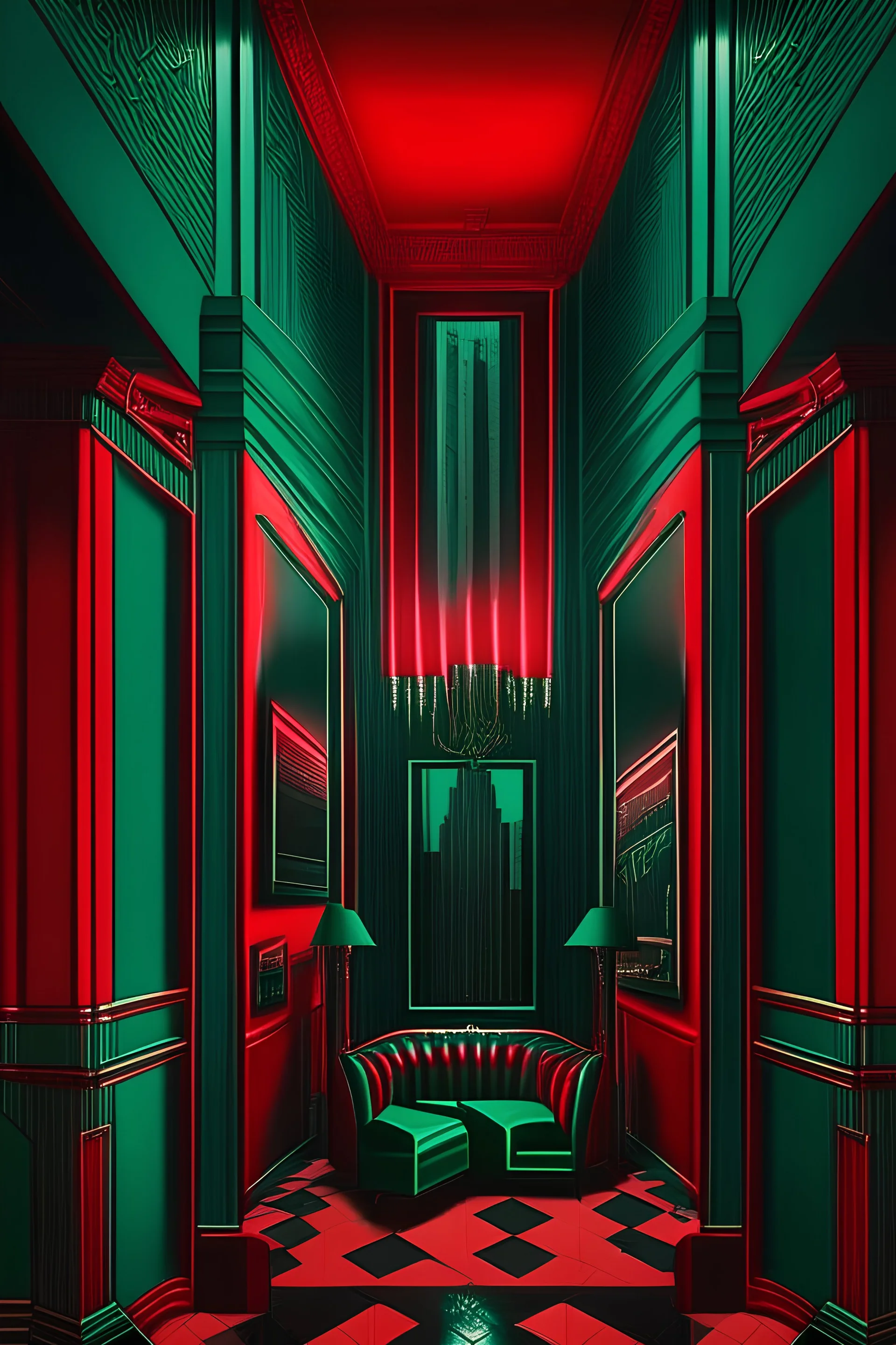 dark Emerald and red art deco inspired new york city vampire apartment in the 1980s