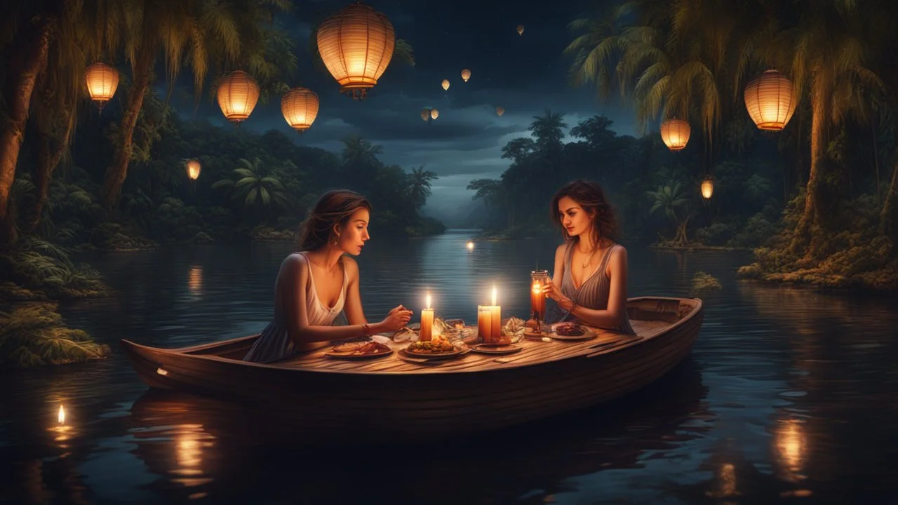 Hyper Realistic Romantic Couple doing candle-light-dinner on a fancy-romantic-wooden-boat in the middle of the river at dark night with sky-lanterns flying in the middle of a jungle