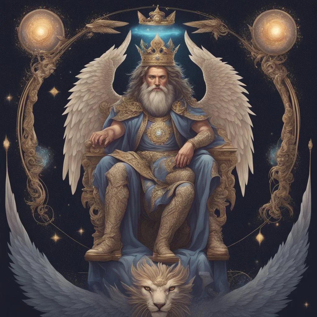 A god-like man with infinite power who holds the galaxies and wears a beautiful crown, a jewel made of diamonds and galaxies with weapons, riding on a lion with an eagle's head and eagle's wings.