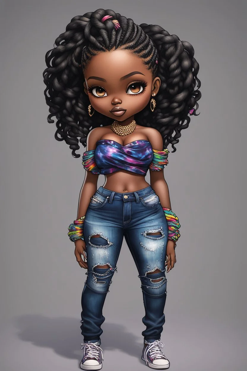 create a colorful abstract digital art image 8k of a chibi curvy black female wearing torn jeans pants and a black-tie dye off the shoulder blouse. Prominent make up with hazel eyes. Highly detailed long Senegalese twist in a hair wrap