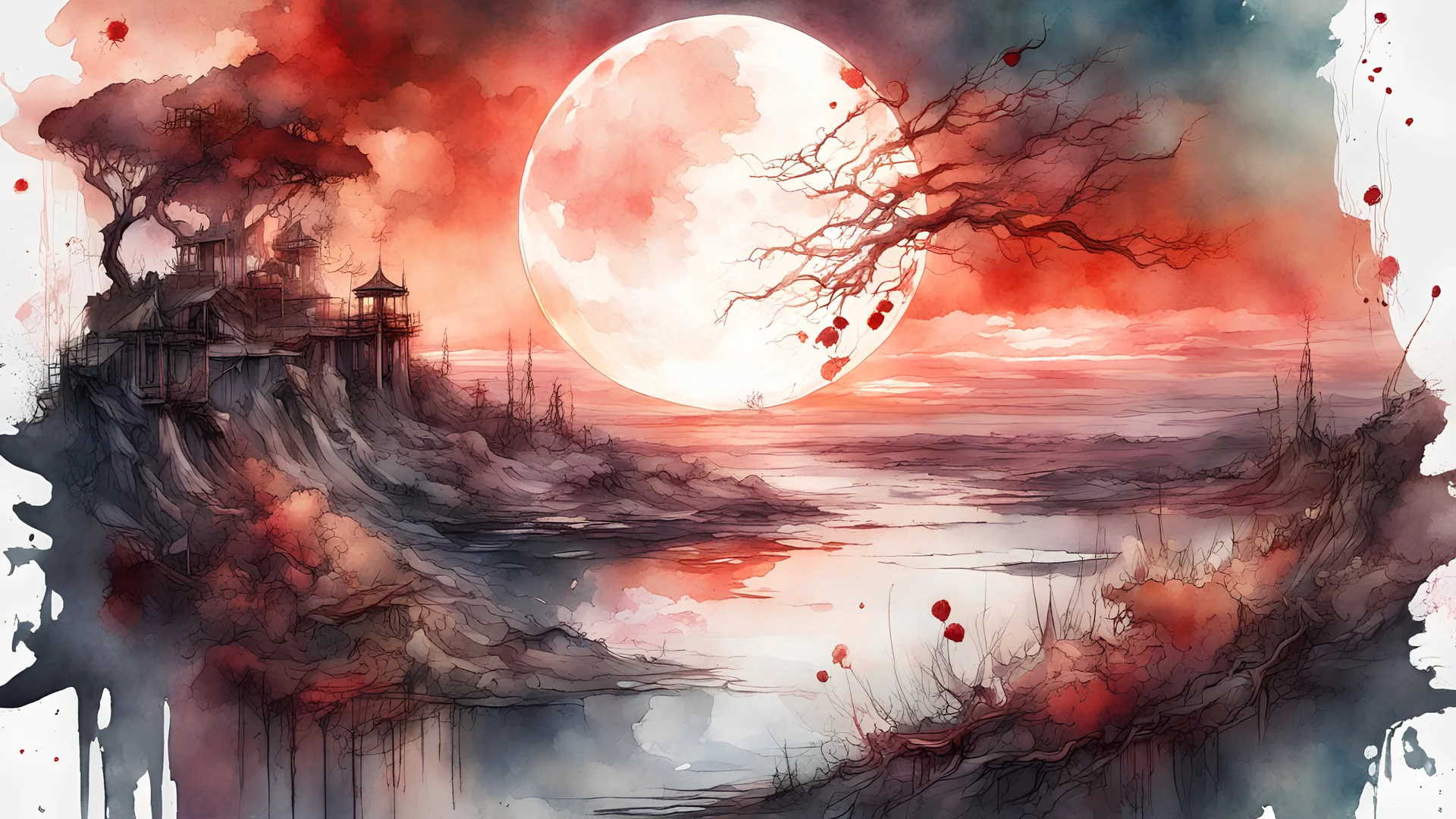 "bloodmoon Digital watercolor Illustration of a summerscape sunset, by Waterhouse, Carne Griffiths, Minjae Lee, Ana Paula Hoppe, Stylized watercolor art, Intricate, Complex contrast, HDR, Sharp, soft Cinematic Volumetric lighting, flowery pastel colours, wide long shot, perfect masterpiece detailed matte painting, deep color, fantastical, intricate detail, splash screen, complementary colors, fantasy concept art, 8k resolution trending on Artstation Unreal Engine 5""