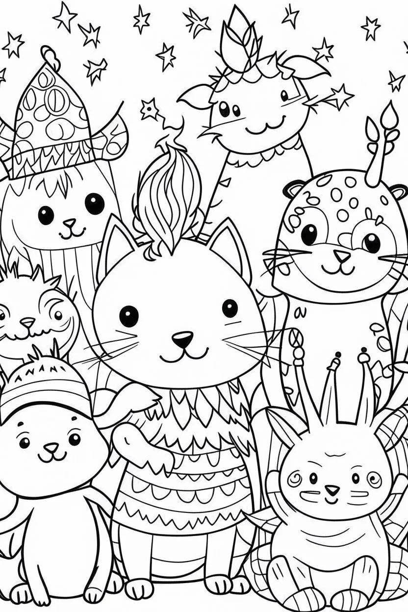 HAPPY NEW YEAR coloring page for kids, Animal friends sharing New Year wishes, thick outline, low details, no shading, no color