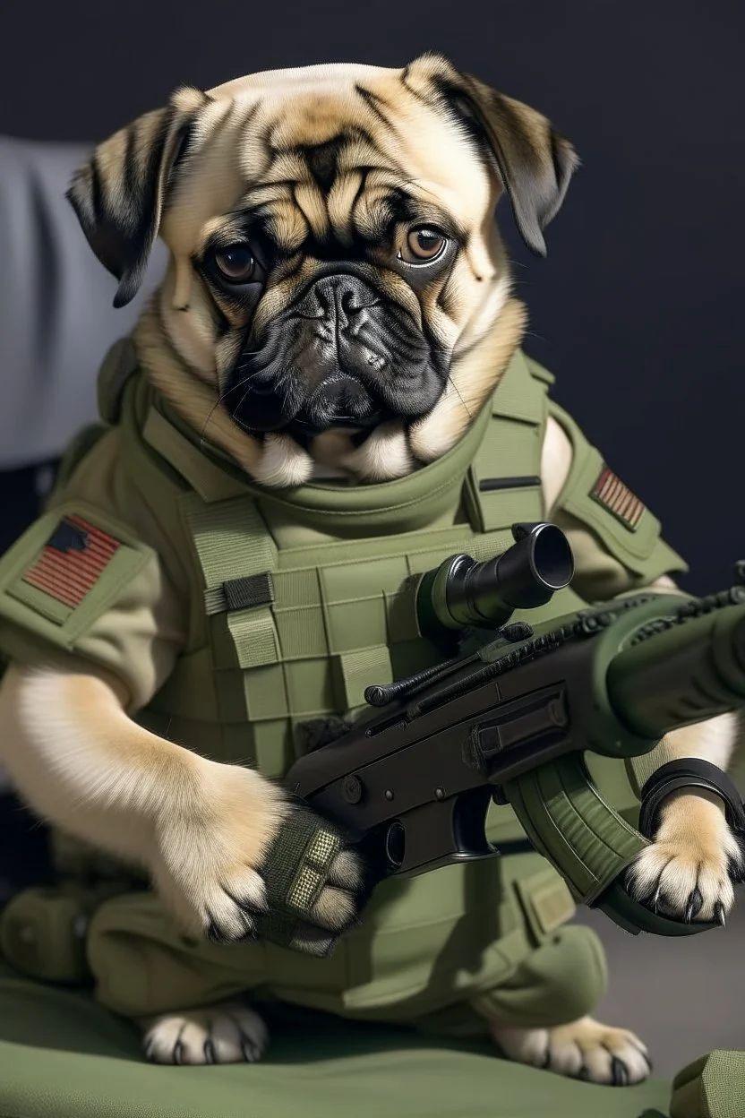 pug as a soldier with grenades guns and holding a p90