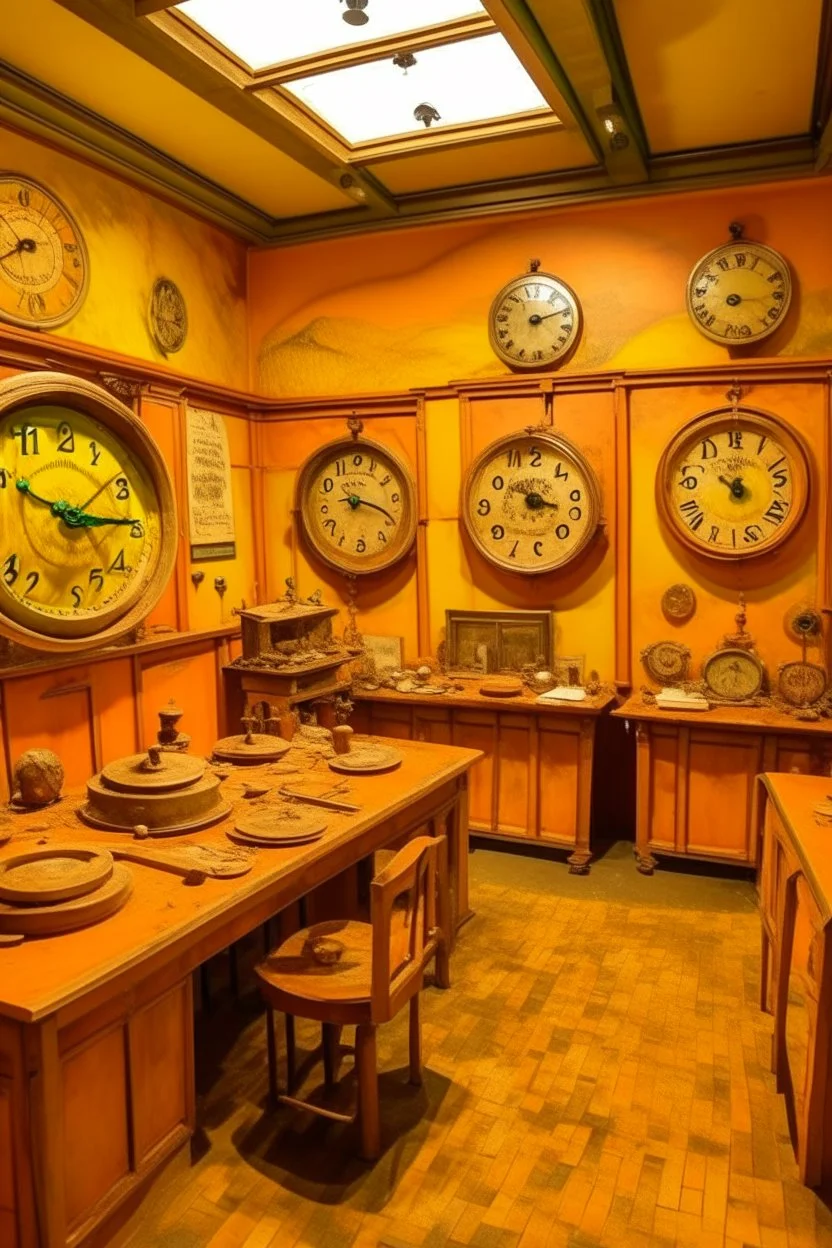 A yellowish orange colored workshop with clocks painted by Vincent van Gogh