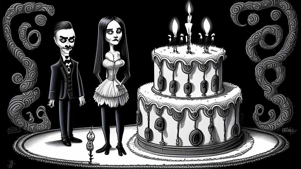 draw a birthday cake with logo number 23 or one candle 23 .Insanely detailed Addams Family movie still with Barbie dolls, art by tim burton