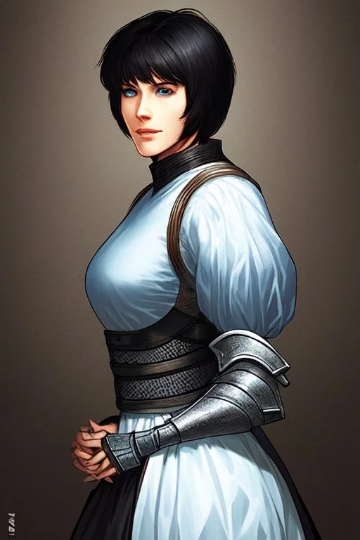 Motoko Kusanagi from "Ghost In The Shell (1995)", clad in medieval stell plate armour, alone, blue eyes, perfect, beautiful, black hair, realistic proportions, androgynous