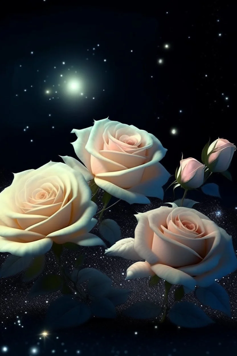 delicate creamy roses, night, bright stars, shine magic