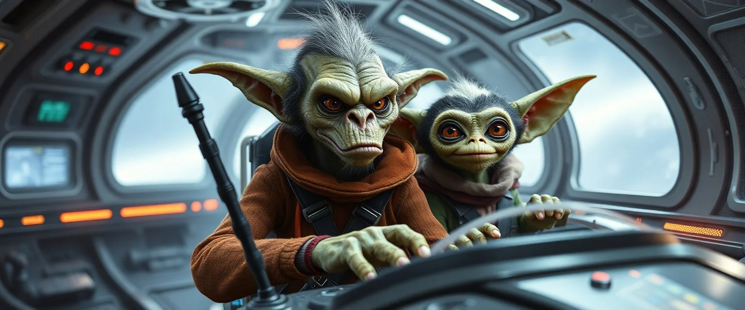 portrait of researcher slender alien rich ogre hill billy fluffy captain pilot focus controlling flight stick in deep action, gremlin cyber punk with two crew members, in sci fi air ship waiting hall, in future dynasty