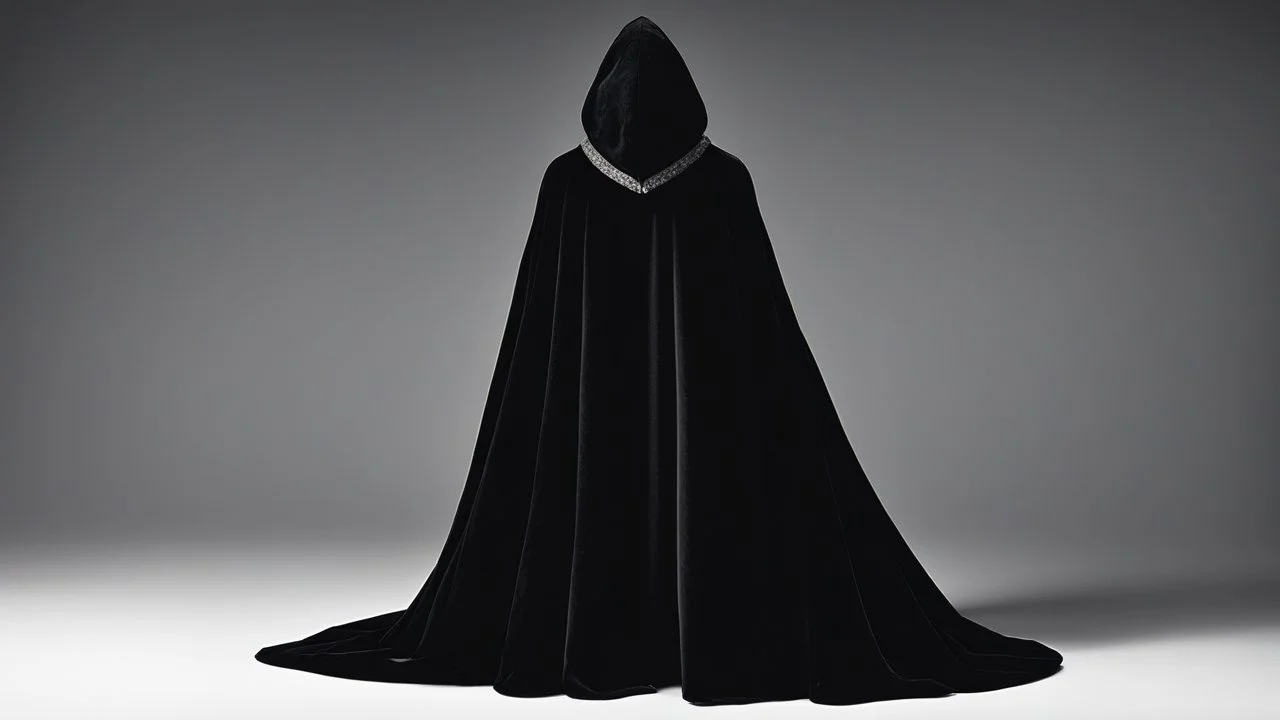 накидка — длинная, из чёрного бархата, отороченная не серебром, а тонким, почти невидимым серым мехом по краю капюшона. Она была простой, но элегантной, без вычурных украшений, лишь на застёжке в виде летучей мыши сверкал один маленький, тёмный камень, похожий на обсидиан