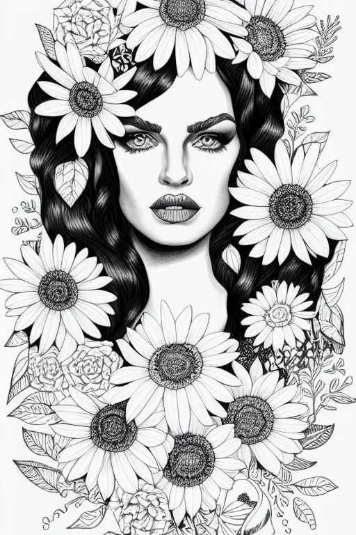 hyper detailed, black and white, thick line, coloring book illustration, lineart, stunningly beautiful woman in flowers