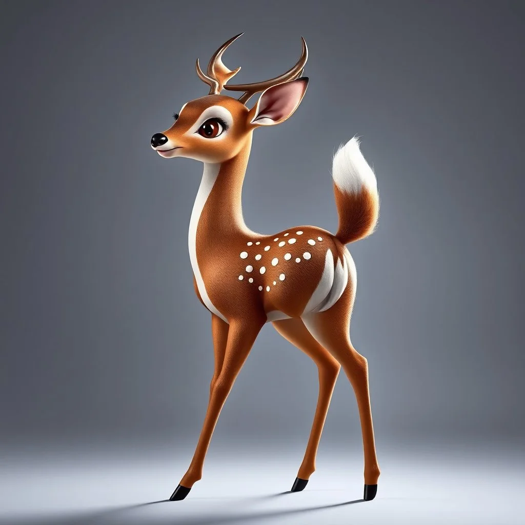 full body of a bald white tail deer, sultry, seductive, standing with big smile, looking back, and big eyes looking back , tail upward, on flat background, in the style of 'My Little Pony' and Bambi, fantastic lighting