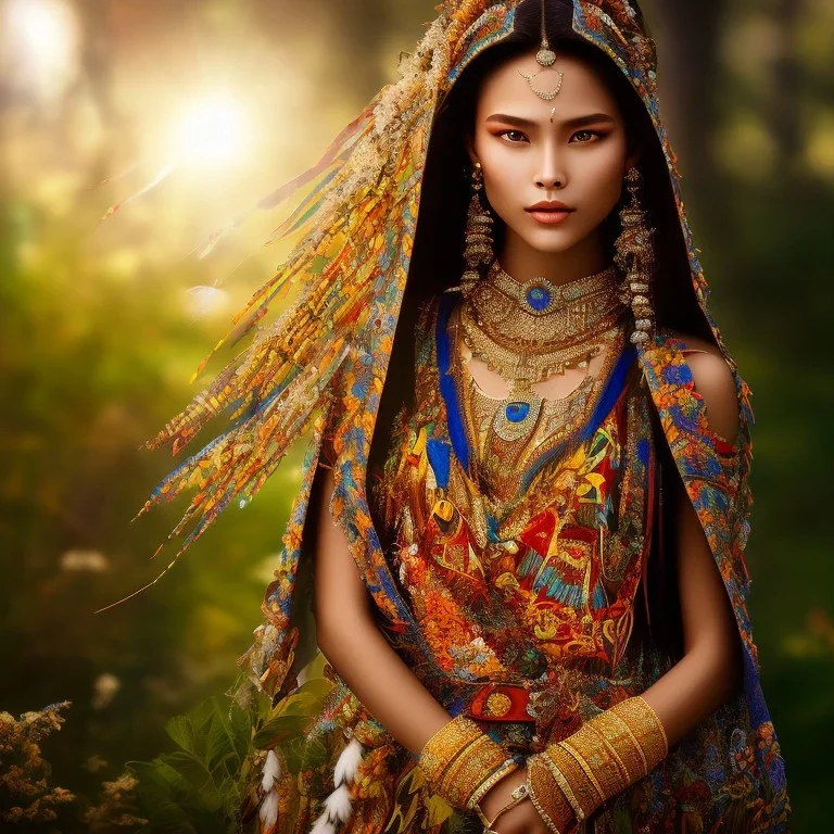 indigenous, beautiful portrait, flowery landscape, light, sun