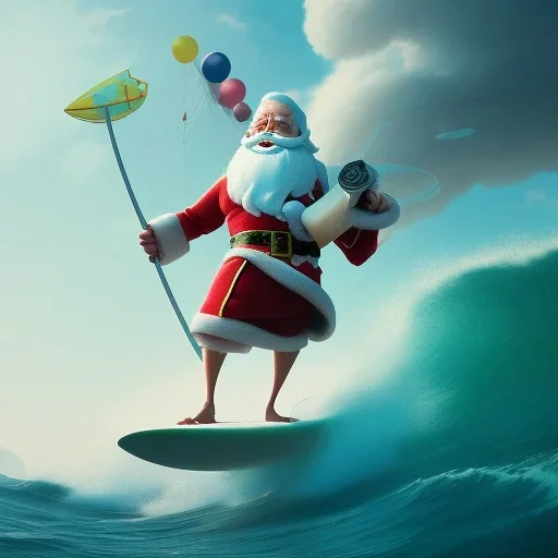 Santa standing of surfboard surfing a big wave, surfboard, beach, character design by cory loftis, fenghua zhong, ryohei hase, ismail inceoglu and ruan jia. unreal engine 5, artistic lighting, highly detailed, photorealistic, fantasy