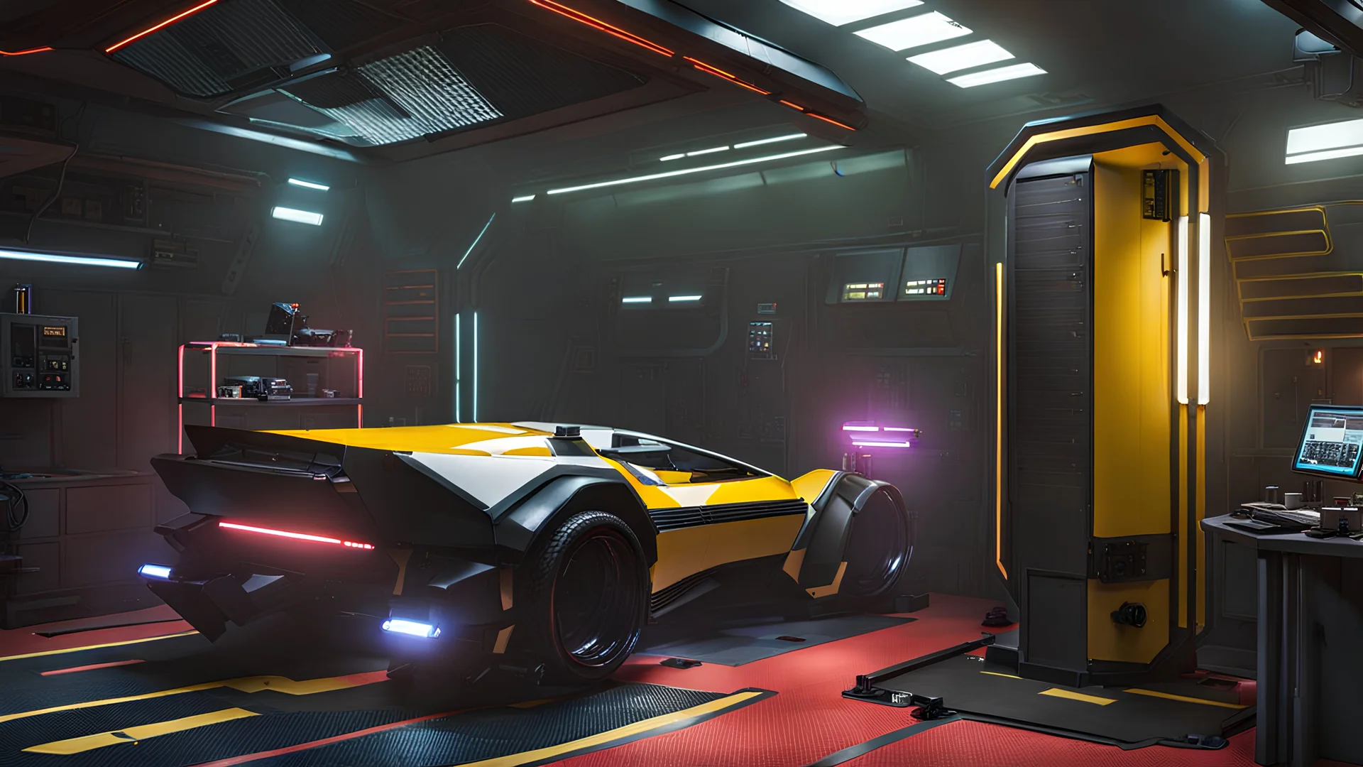 cyberpunk speeder repair room